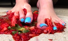 Dominatrix Crushing And Squeezing Strawberries With Her Feet